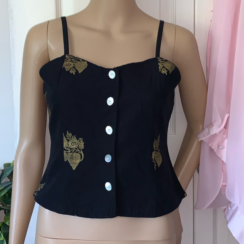 Vintage 90s black gold mother of pearl button cami tank top S